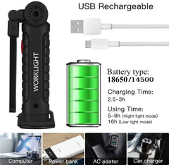 USB Rechargeable LED Flashlight With Magnetic Hook Power Bank 18650 Battery Torch