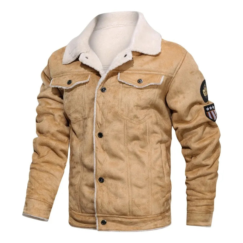 Men Winter Bomber Fleece Warm Coats Slim Fit Leather Jacket