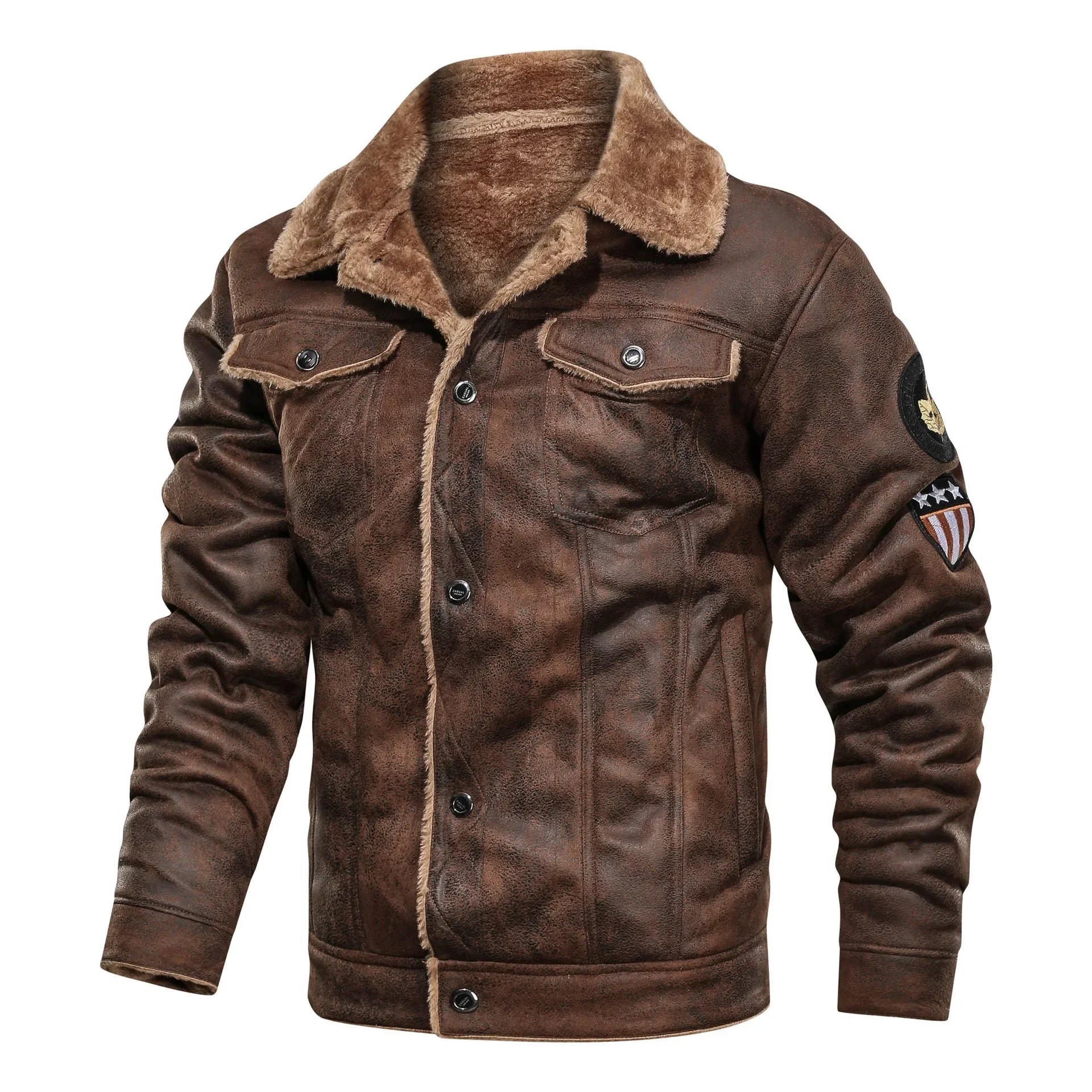 Men Winter Bomber Fleece Warm Coats Slim Fit Leather Jacket