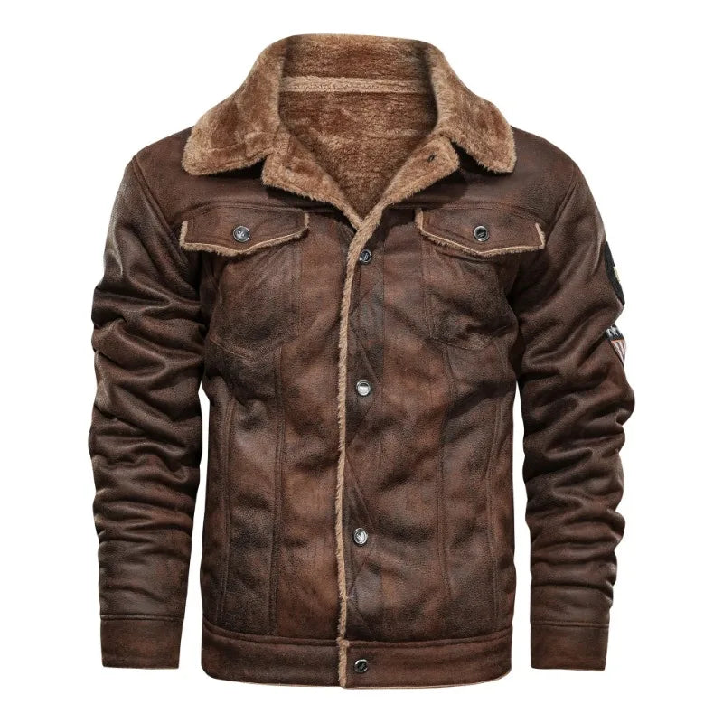 Men Winter Bomber Fleece Warm Coats Slim Fit Leather Jacket