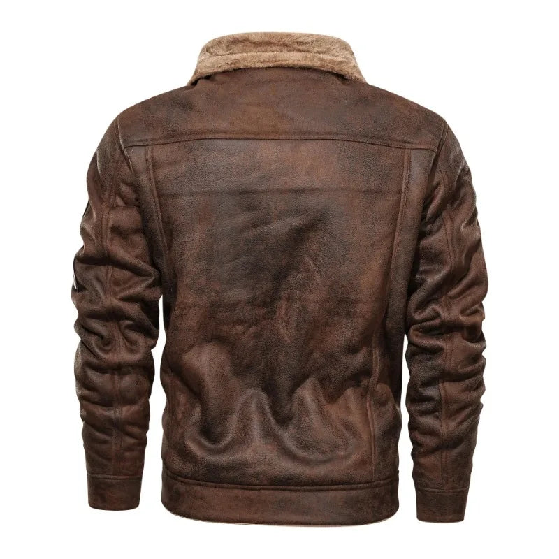Men Winter Bomber Fleece Warm Coats Slim Fit Leather Jacket