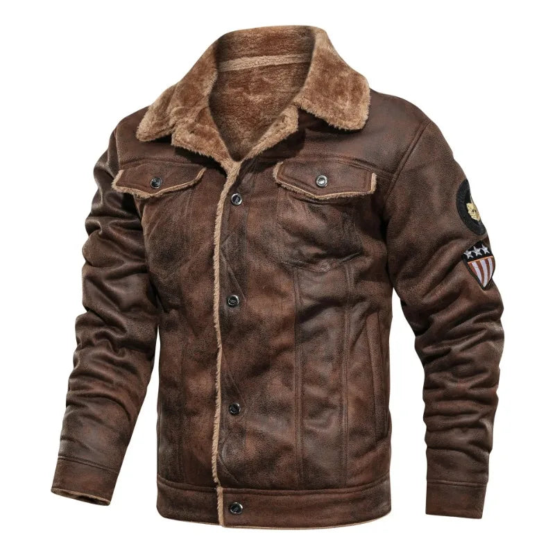 Men Winter Bomber Fleece Warm Coats Slim Fit Leather Jacket